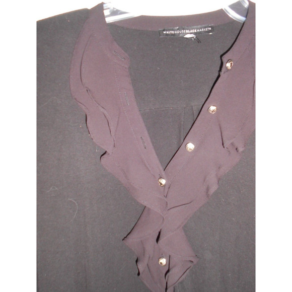 White House Black Market Jet Black V-Neck Top Pullover Ruffled Neckline Cuffed M - Picture 2 of 6